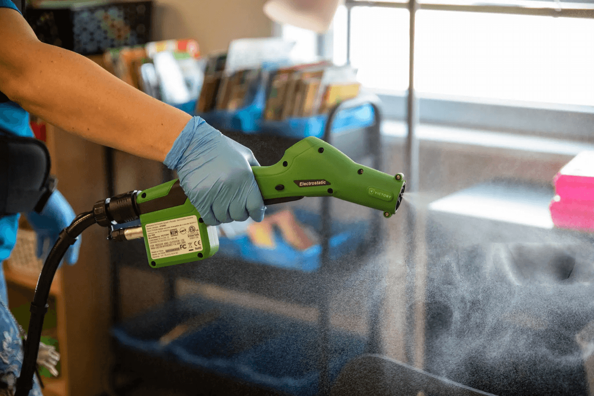 Eco-Ace Electrostatic Disinfection Sprayer being used in a classroom in New York City.